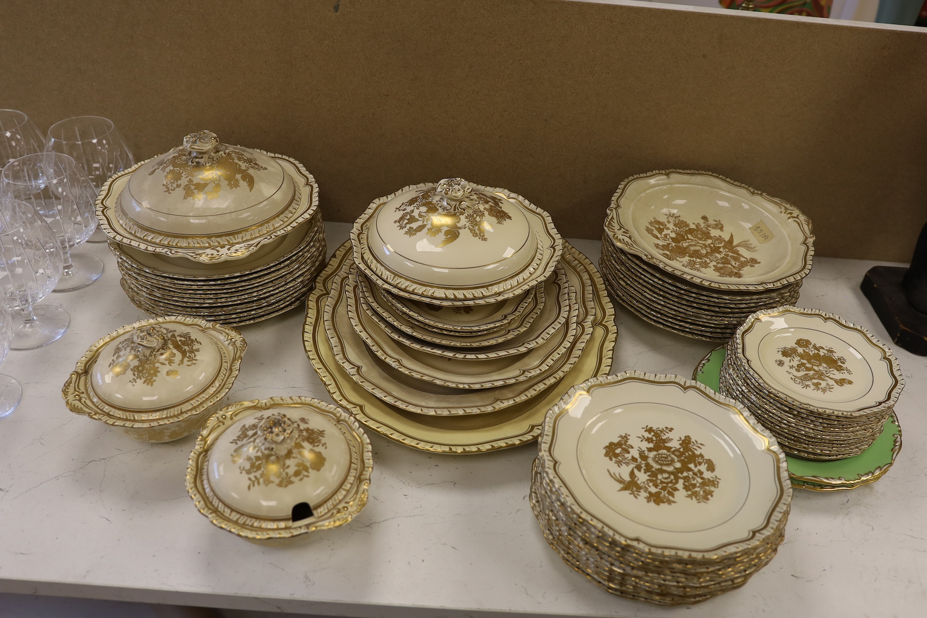 A Masons Patent Ironstone Part Dinner Service to include tureens, soup bowls and plates, largest 46cm wide. Condition - varies